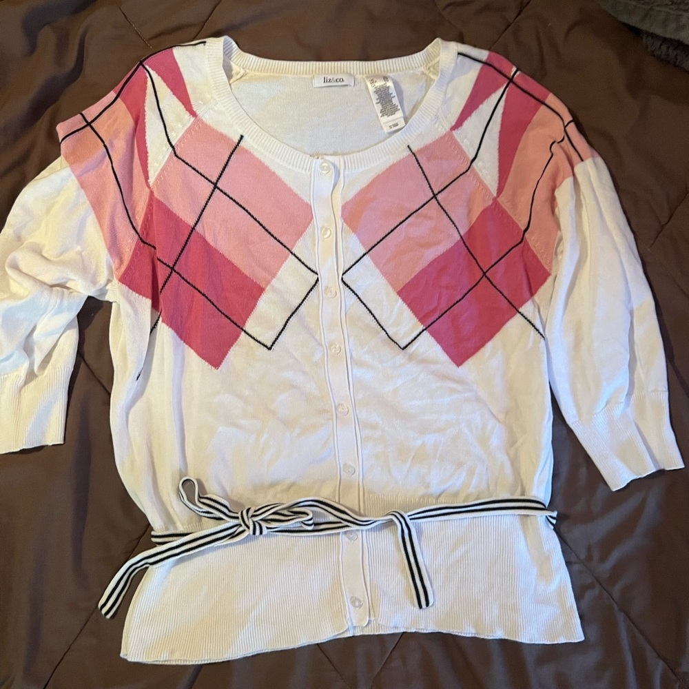Liz & co XL white w/pink & black argyle 3/4 sleeve button down sweater w/tie